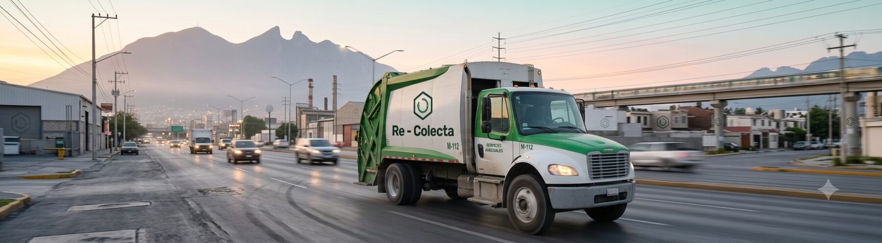 Unidad de recolección Re - Colecta circulando en una avenida de Monterrey al amanecer, con el Cerro de la Silla de fondo